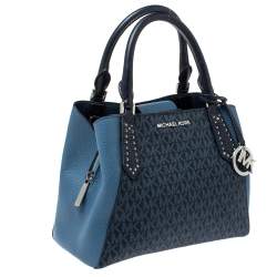 Pre Owned Michael Kors Two Tone Blue Signature Coated Canvas and Leather Kimberly Studded Satchel