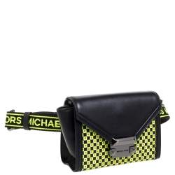 Pre Owned Michael Kors Black/Neon Green Leather Mini Whitney Checkerboard Belt Bag