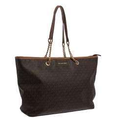 مملوكة مسبقًا Michael Kors Brown Signature Coated Canvas Jet Set Travel Chain Tote