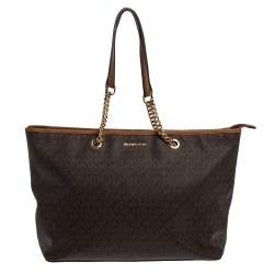 مملوكة مسبقًا Michael Kors Brown Signature Coated Canvas Jet Set Travel Chain Tote