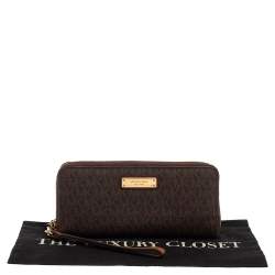 Pre Owned Michael Kors Brown Monogram Coated Canvas Zip Around Wristlet Wallet