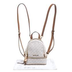 Pre Owned Michael Kors White/Tan Signature Coated Canvas and Leather Mini Rhea Backpack