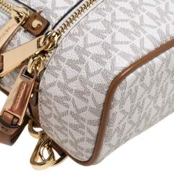 Pre Owned Michael Kors White/Tan Signature Coated Canvas and Leather Mini Rhea Backpack