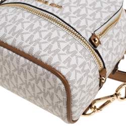 Pre Owned Michael Kors White/Tan Signature Coated Canvas and Leather Mini Rhea Backpack