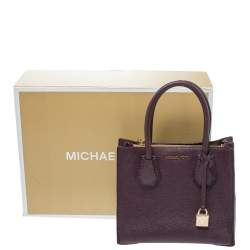Pre Owned Michael Kors Plum Textured Leather Mini Mercer Tote