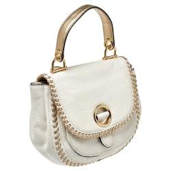 Pre Owned Michael Kors White/Gold Leather Isadore Stitch Top Handle Bag