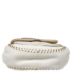 Pre Owned Michael Kors White/Gold Leather Isadore Stitch Top Handle Bag