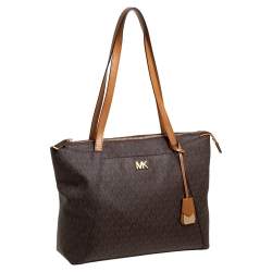 Pre Owned Michael Kors Brown/Tan Signature Coated Canvas and Leather Maddie Tote
