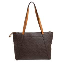 Pre Owned Michael Kors Brown/Tan Signature Coated Canvas and Leather Maddie Tote