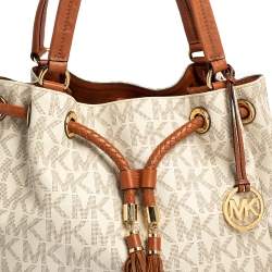 Pre Owned MICHAEL Michael Kors White/Brown Signature Coated Canvas and Leather Gathered Tote