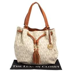 Pre Owned MICHAEL Michael Kors White/Brown Signature Coated Canvas and Leather Gathered Tote