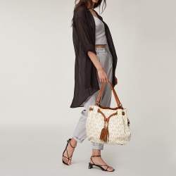 Pre Owned MICHAEL Michael Kors White/Brown Signature Coated Canvas and Leather Gathered Tote