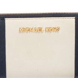 Pre Owned Michael Kors White/Blue Leather Jet Set Zip Around Wallet