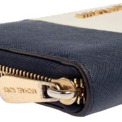Pre Owned Michael Kors White/Blue Leather Jet Set Zip Around Wallet