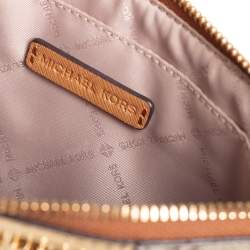 مملوكة مسبقًا حقيبة كلتش مايكل كورس جيت سيت كبيرة حمالة معصم كانفاس مقوى مطبوع شعار الماركة و جلد نقشة التمساح ذهبي و بيج 