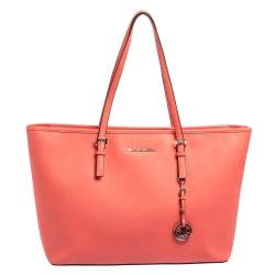 Pre Owned Michael Kors Coral Pink Saffiano Leather Large Jet Set Travel Tote