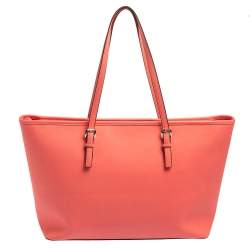 Pre Owned Michael Kors Coral Pink Saffiano Leather Large Jet Set Travel Tote