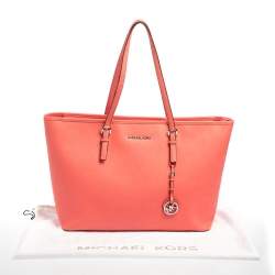 Pre Owned Michael Kors Coral Pink Saffiano Leather Large Jet Set Travel Tote
