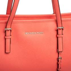 Pre Owned Michael Kors Coral Pink Saffiano Leather Large Jet Set Travel Tote