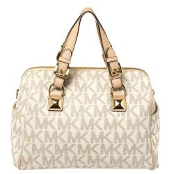 Pre Owned MICHAEL Michael Kors Ivory/Beige Signature Coated Canvas and Leather Grayson Boston Bag
