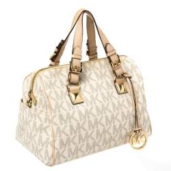 Pre Owned MICHAEL Michael Kors Ivory/Beige Signature Coated Canvas and Leather Grayson Boston Bag