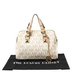 Pre Owned MICHAEL Michael Kors Ivory/Beige Signature Coated Canvas and Leather Grayson Boston Bag