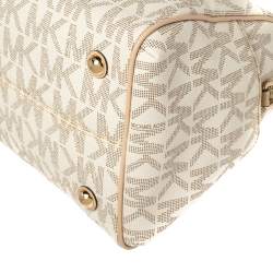 Pre Owned MICHAEL Michael Kors Ivory/Beige Signature Coated Canvas and Leather Grayson Boston Bag