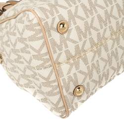 Pre Owned MICHAEL Michael Kors Ivory/Beige Signature Coated Canvas and Leather Grayson Boston Bag