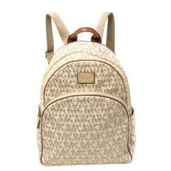 Pre Owned Michael Kors White Signature Coated Canvas Large Studded Jet Set Backpack