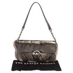 Michael Kors Metallic Grey Python Embossed Leather and Rabbit Fur Fulton Baguette 