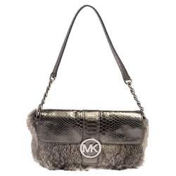 Michael Kors Metallic Grey Python Embossed Leather and Rabbit Fur Fulton Baguette 