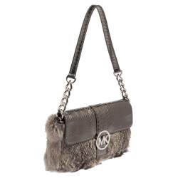 Michael Kors Metallic Grey Python Embossed Leather and Rabbit Fur Fulton Baguette 