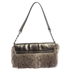 Michael Kors Metallic Grey Python Embossed Leather and Rabbit Fur Fulton Baguette 