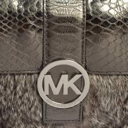 Michael Kors Metallic Grey Python Embossed Leather and Rabbit Fur Fulton Baguette 