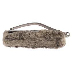 Michael Kors Metallic Grey Python Embossed Leather and Rabbit Fur Fulton Baguette 