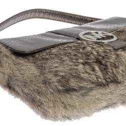 Michael Kors Metallic Grey Python Embossed Leather and Rabbit Fur Fulton Baguette 
