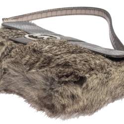 Michael Kors Metallic Grey Python Embossed Leather and Rabbit Fur Fulton Baguette 