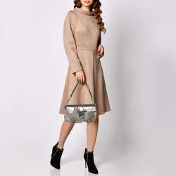 Michael Kors Metallic Grey Python Embossed Leather and Rabbit Fur Fulton Baguette 