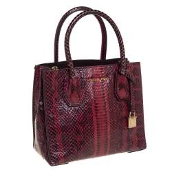 Pre Owned Michael Kors Burgundy Snakeskin Small Mercer Tote