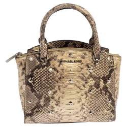Pre Owned Michael Kors Metallic Gold and Black Python Embossed Leather Tote