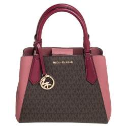 Pre Owned Michael Kors Pink/Brown Signature Coated Canvas and Leather Kimberly Satchel