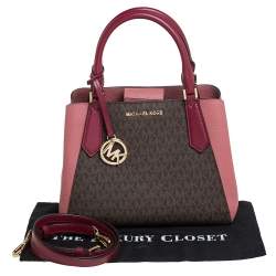 Pre Owned Michael Kors Pink/Brown Signature Coated Canvas and Leather Kimberly Satchel