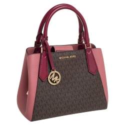 Pre Owned Michael Kors Pink/Brown Signature Coated Canvas and Leather Kimberly Satchel