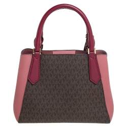 Pre Owned Michael Kors Pink/Brown Signature Coated Canvas and Leather Kimberly Satchel