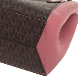 Pre Owned Michael Kors Pink/Brown Signature Coated Canvas and Leather Kimberly Satchel