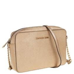 Pre Owned Michael Kors Gold Saffiano Leather Jet Set Camera Crossbody Bag