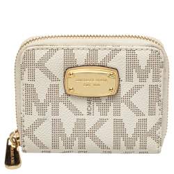 Michael Kors White Signature Coated Canvas Zip Around Compact Wallet