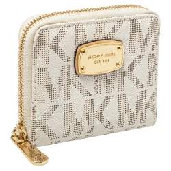 Michael Kors White Signature Coated Canvas Zip Around Compact Wallet