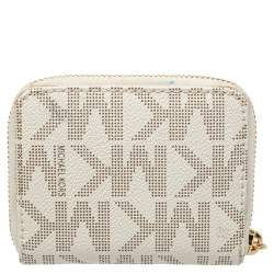 Michael Kors White Signature Coated Canvas Zip Around Compact Wallet