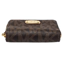 Pre Owned محفظة مايكل كورس كومباكت سحاب ملتف كانفاس مقوى شعار بني